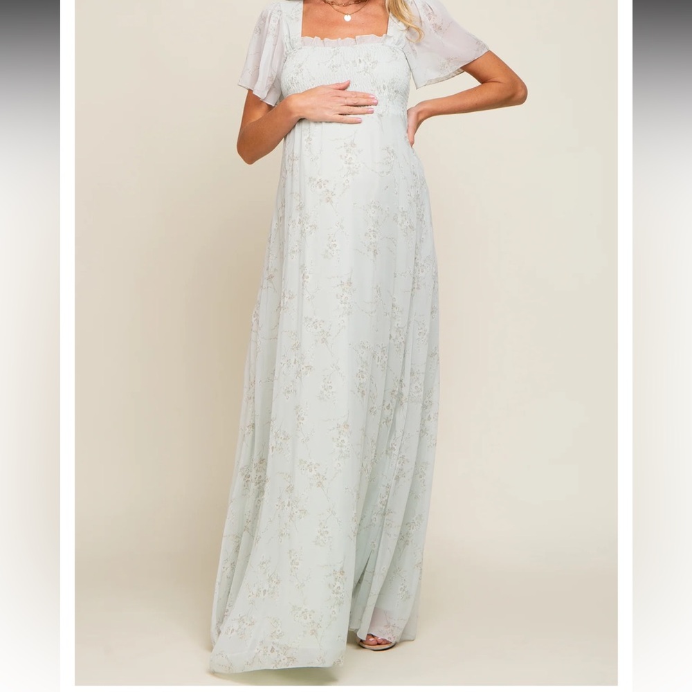PinkBlush Size Medium Mint Green Floral Smocked Chiffon Maternity Maxi Dress